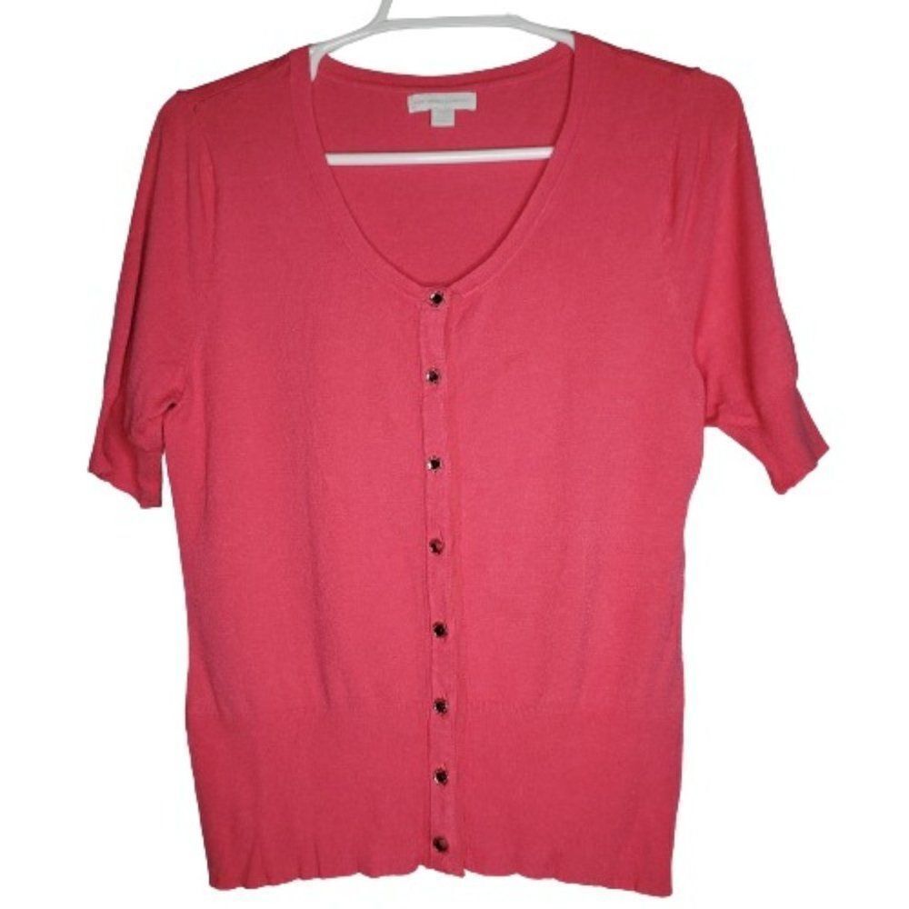 NY&C Coral Hot Pink Gem Button Short Sleeve Cardigan Size‎ Medium